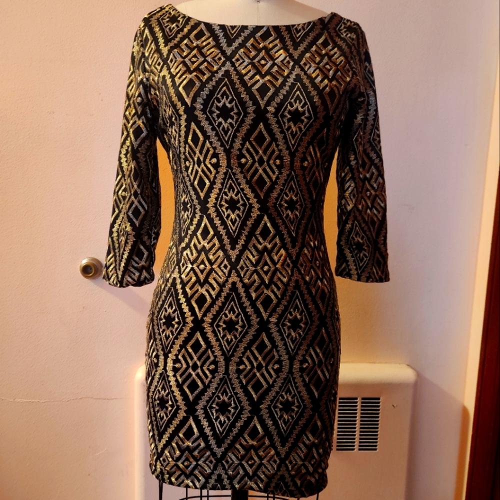 As U Wish Black and Gold Patterned Dress
